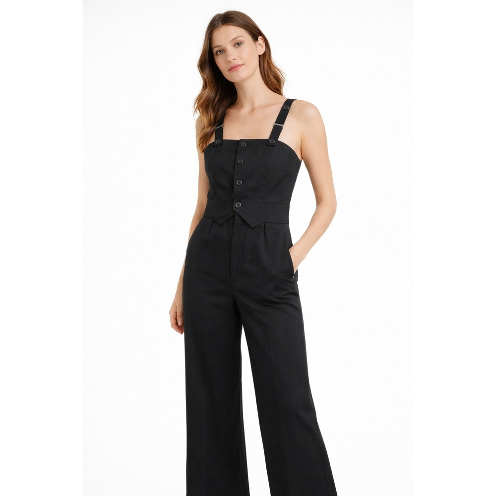 Alvin Valley‎ Womens Jumpsuite  Black 100% Wool Wide Leg Button Front Size 4/36